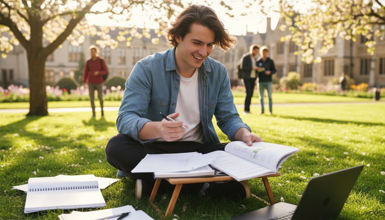 Photo Idea : A focused IB student studying outdoors with notebooks and an Extended Essay draft visible