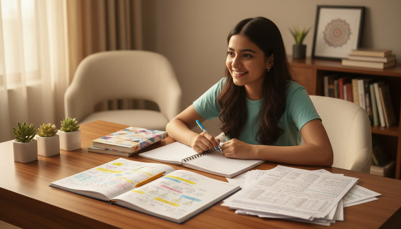 Photo Idea : A focused student surrounded by highlighted notes, a concise revision guide, and a neatly written formula sheet