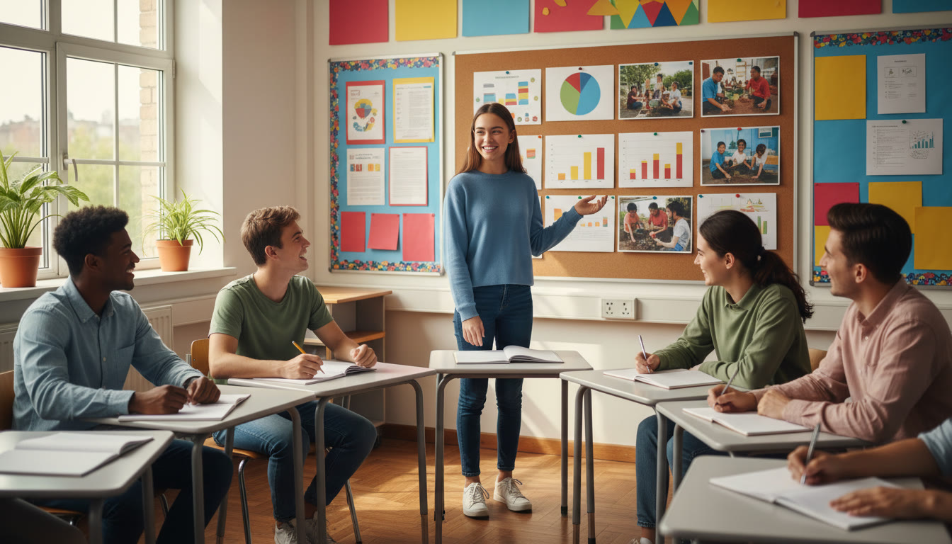 Photo Idea : A student presenting a CAS project to classmates with charts and photos displayed