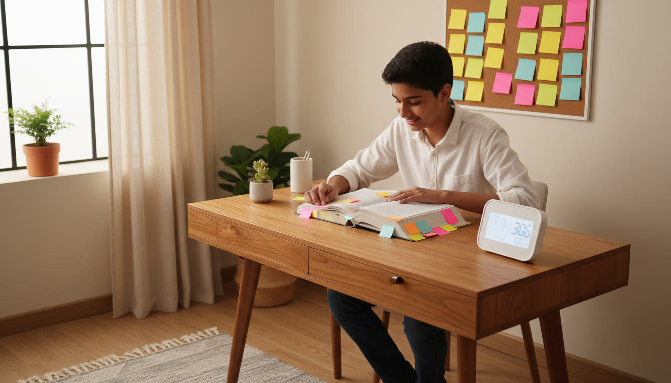 Photo Idea : A focused student studying at a tidy desk with prescribed textbooks, colorful sticky notes and a timer