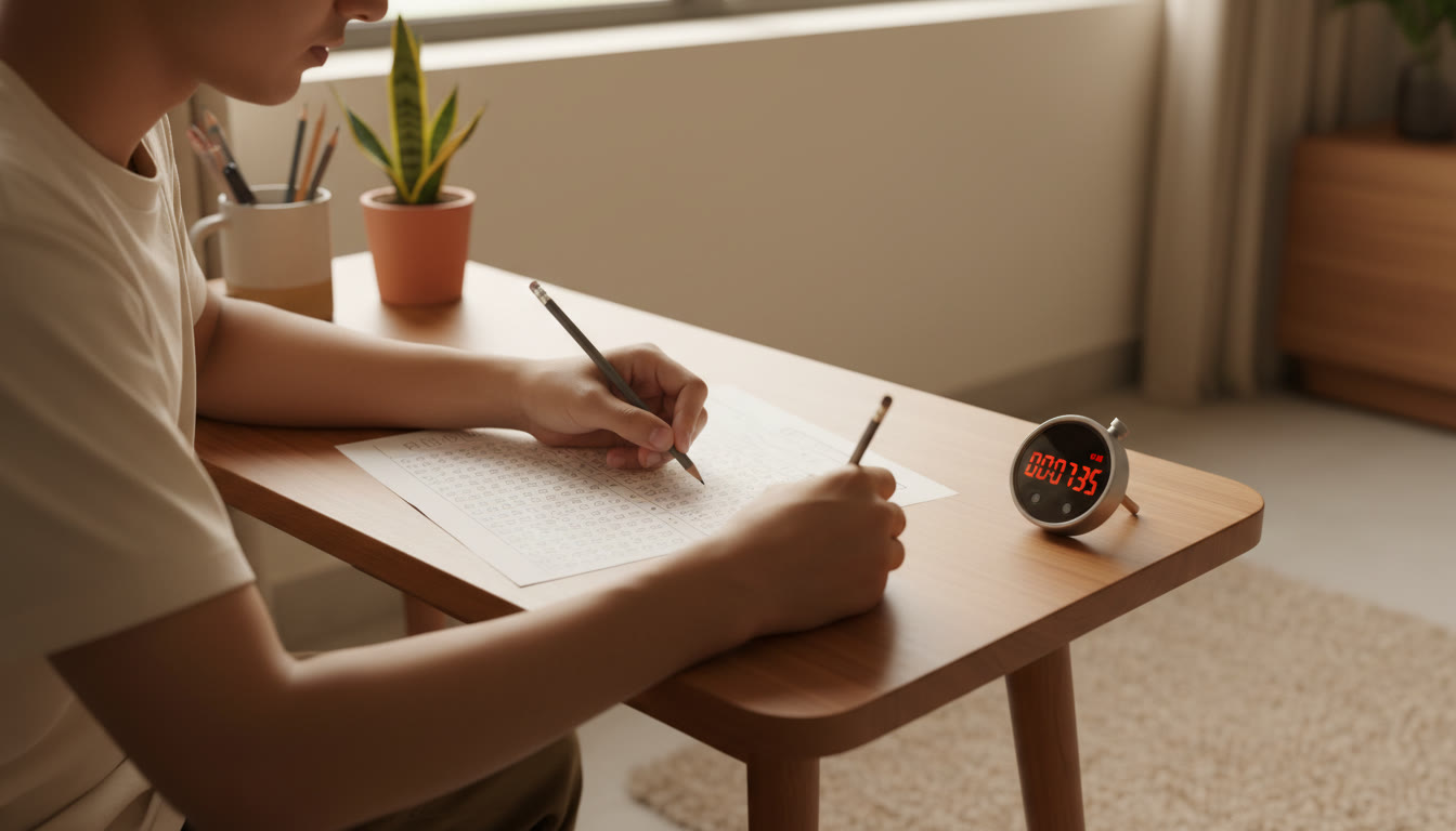 Photo Idea : Close-up of a student practicing OMR filling on a practice sheet with a pencil and stopwatch