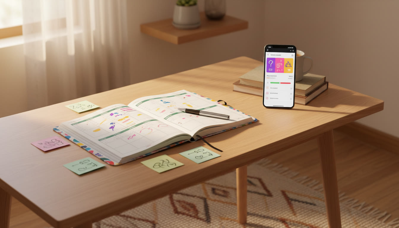 Photo Idea : A tidy study planner open on a desk with a pen, sticky notes, and a smartphone showing a practice question screen