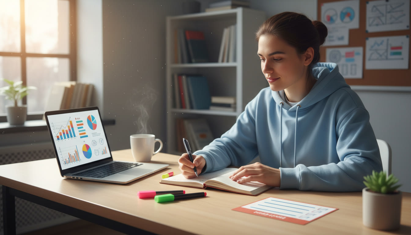 Photo Idea : A focused student at a desk with a laptop, notebook, and a small checklist titled 