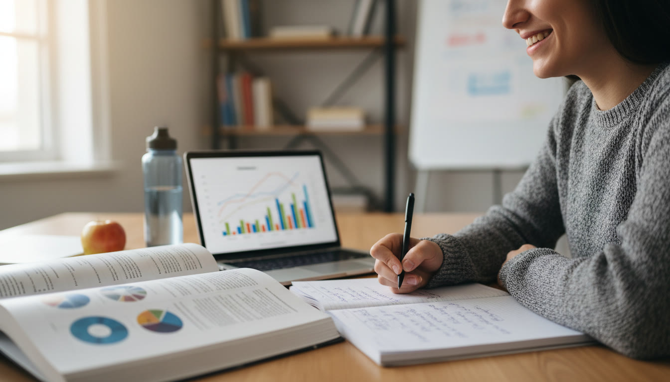 Photo Idea : Close-up of a student writing notes beside an open textbook on research methods and a laptop with charts visible