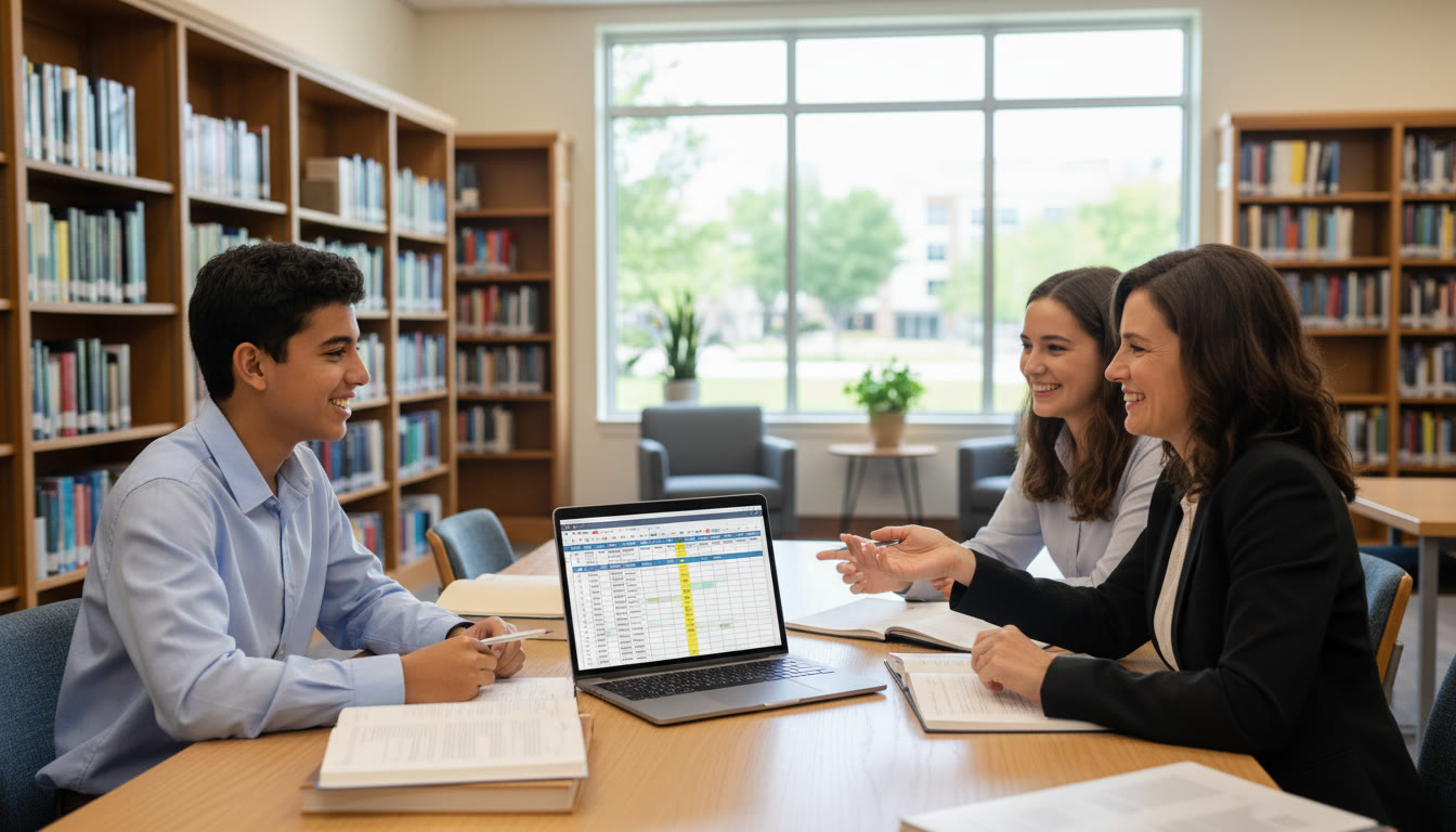 Photo Idea : Two students talking with a teacher at a library table with a laptop showing a bibliography spreadsheet