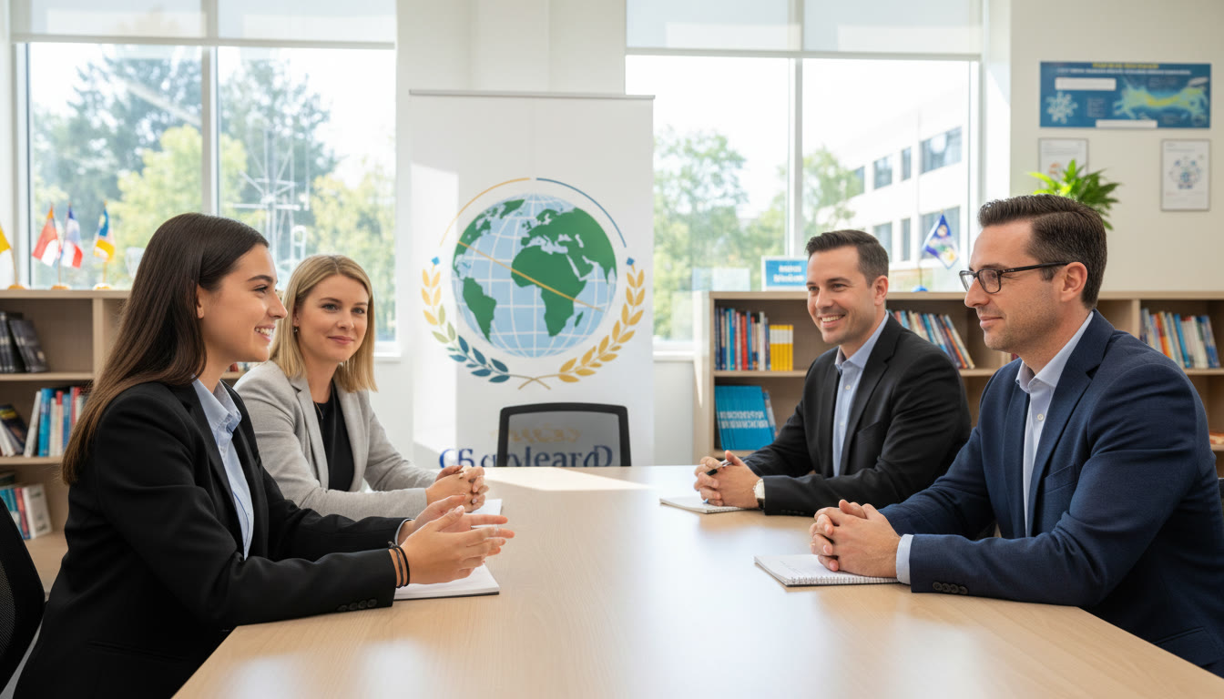 Photo Idea : A mock interview scene with a student speaking confidently to a small panel