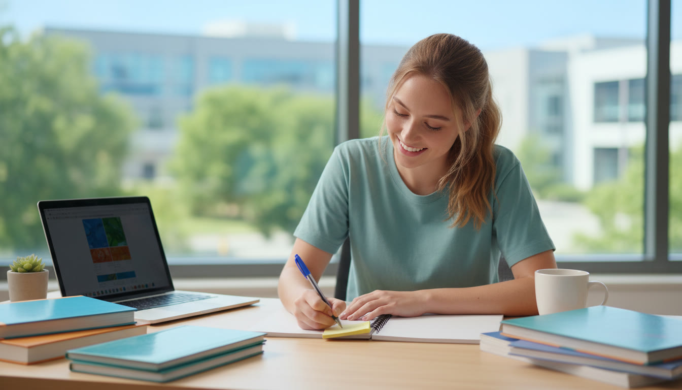 Photo Idea : A student at a tidy desk surrounded by notebooks and a laptop, writing a plan on a sticky note