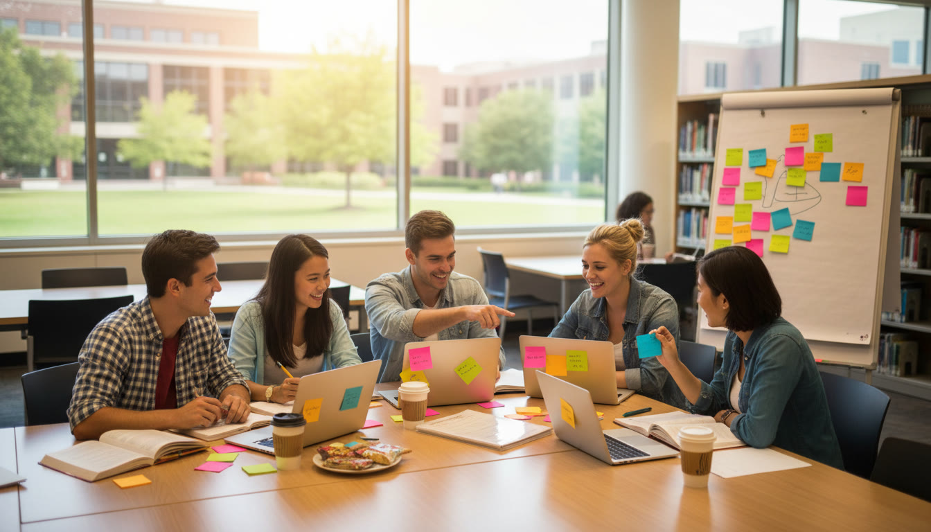 Photo Idea : Group of IB students studying together around a table with notebooks, laptops, and colourful sticky notes