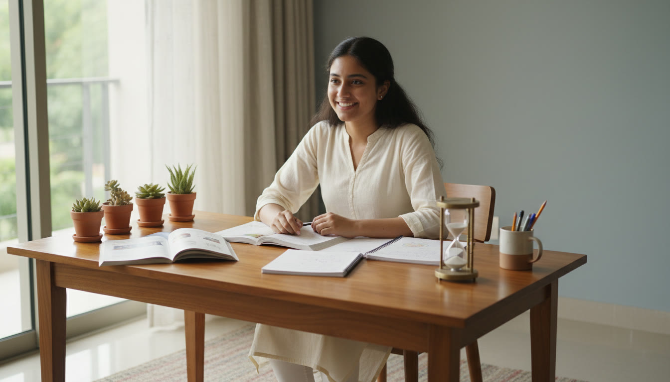 Photo Idea : A student at a tidy study desk with science textbooks, notebook, and a timer