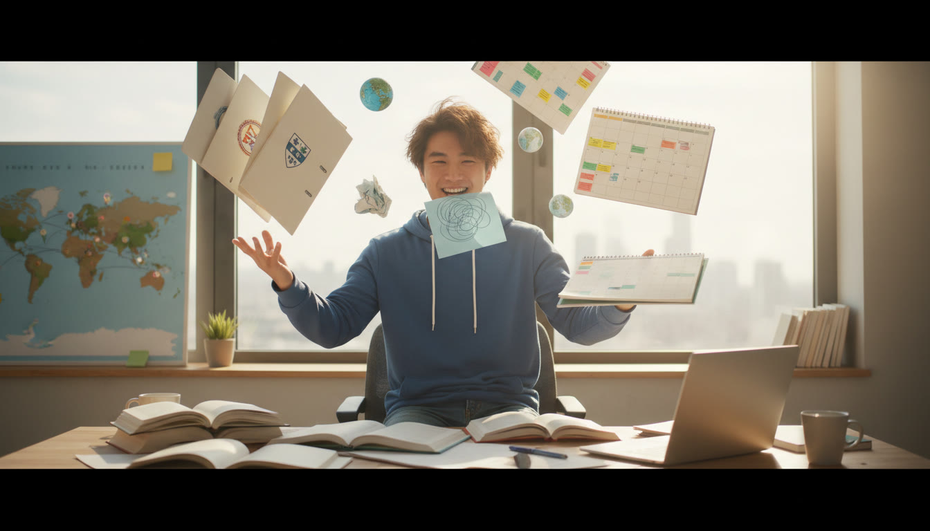 Photo Idea : A student juggling documents and calendars to manage multiple international application deadlines