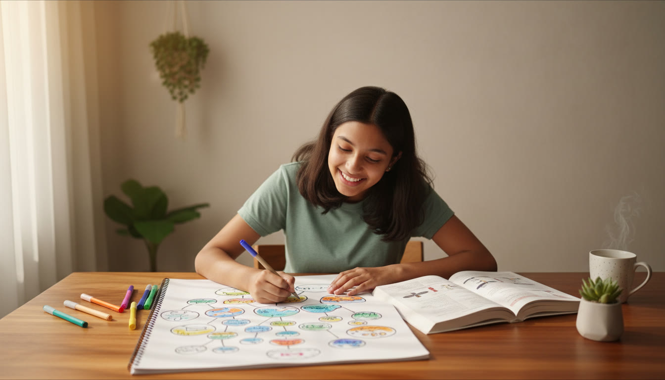 Photo Idea : Student at desk sketching a colorful concept map beside an open textbook
