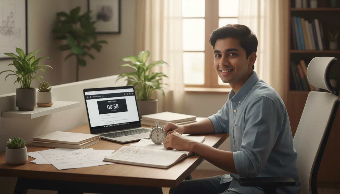Photo Idea : A focused student at a study desk with a stopwatch, scattered notes for Physics, Chemistry, and Biology, and a laptop showing a mock test timer