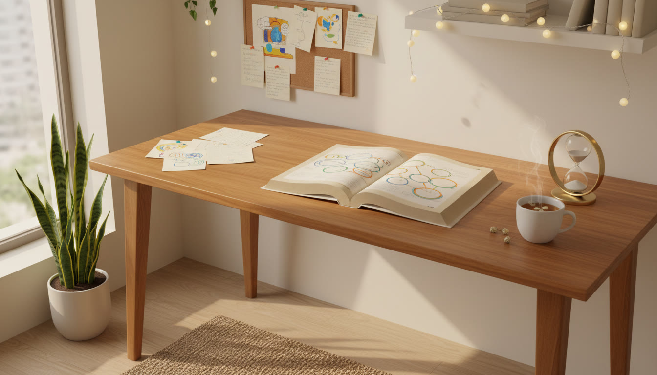 Photo Idea : A calm study corner with notes, a textbook open to a diagram, and a timer beside a cup of tea