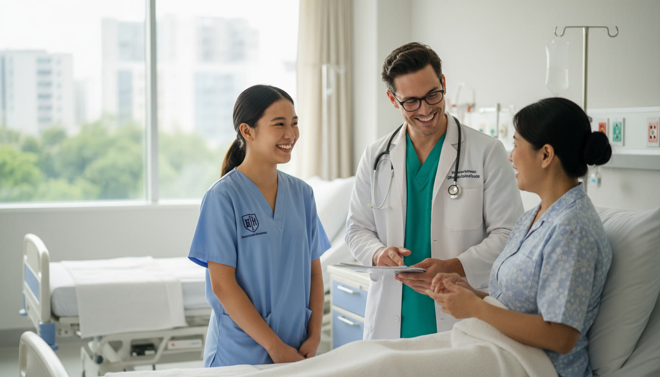Photo Idea : Student in scrubs shadowing a doctor during a hospital ward round