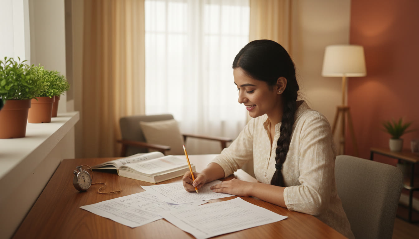 Photo Idea : A focused student at a desk, filling an OMR sheet with a stopwatch, physics book, and solved mock paper scattered around
