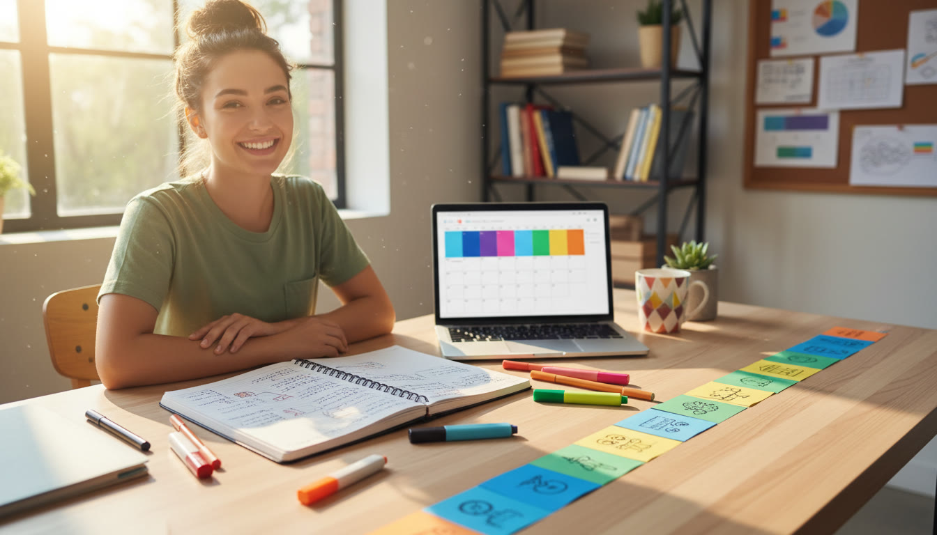 Photo Idea : Student at a desk with open notebook, color-coded timeline and laptop showing a calendar