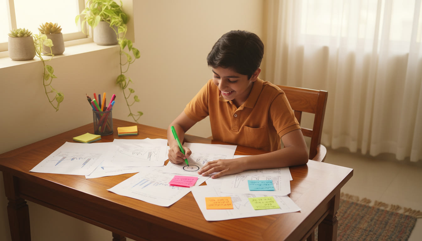 Photo Idea : A student analyzing mock test results on paper with colored pens and sticky notes marking weak topics