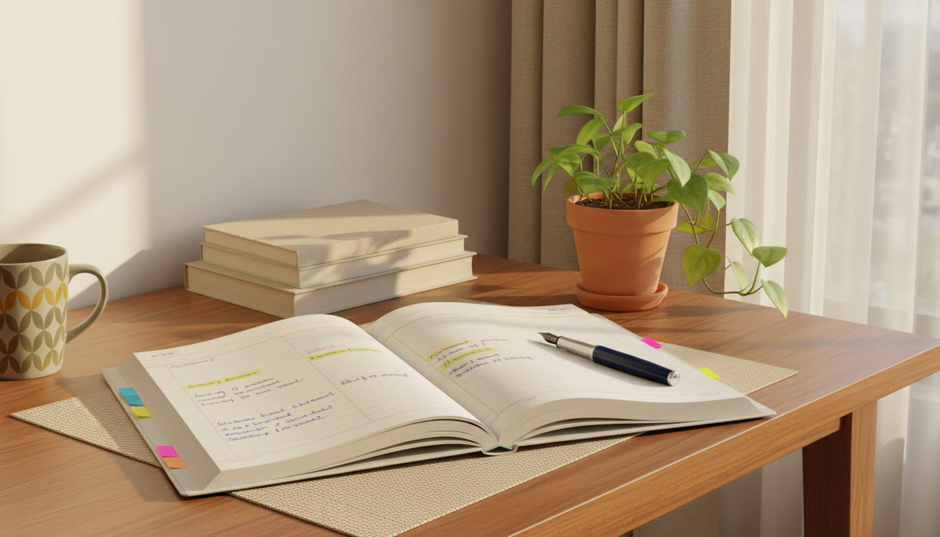 Photo Idea : A neat error-log notebook open with highlighted entries and tabs, a pen resting beside it.