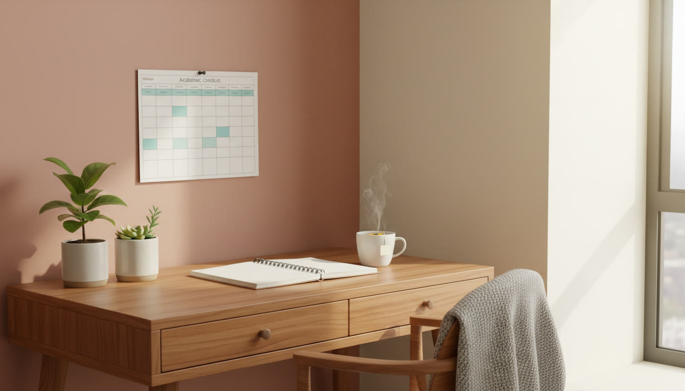 Photo Idea : a student’s tidy desk with a printed timetable, open notebook, and a cup of tea