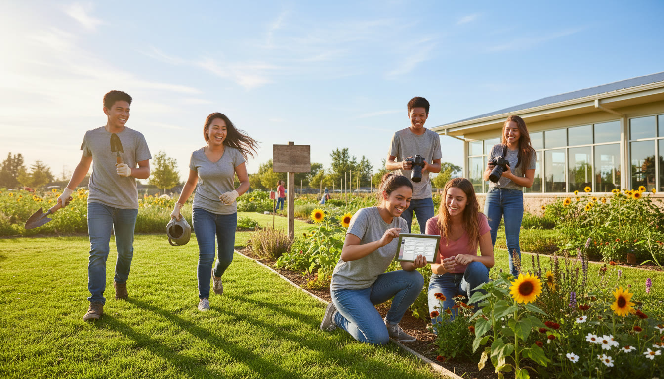 Photo Idea : Small group of students running a community project outdoors, documenting activities on a tablet