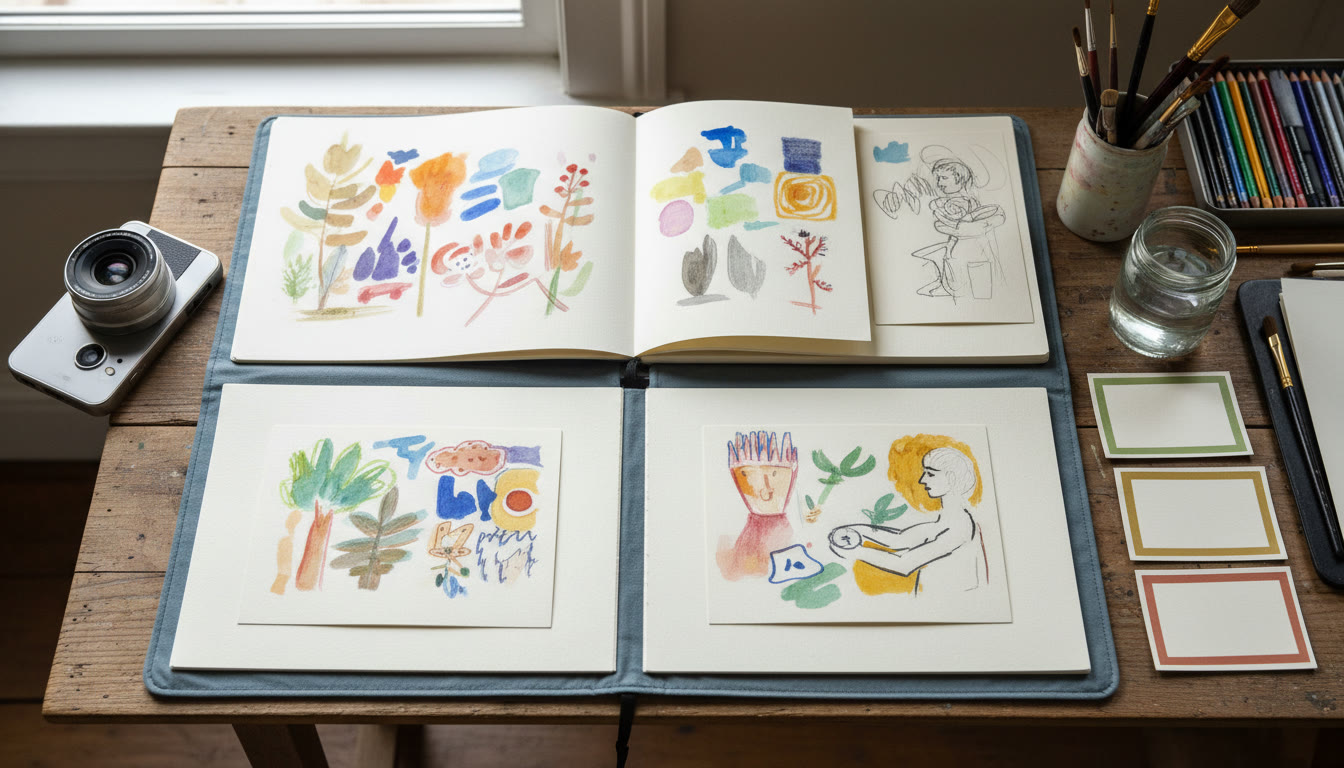 Photo Idea : A neatly laid-out art portfolio with sketchbook pages, a camera phone, and organized labels