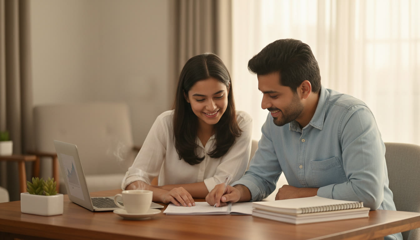 Photo Idea : Student and tutor leaning over an ISC practice paper on a table with a laptop, notebooks, and a cup of tea