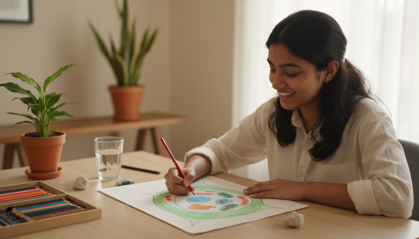 Photo Idea : close-up of a student sketching a labeled biological diagram on paper with colored pencils