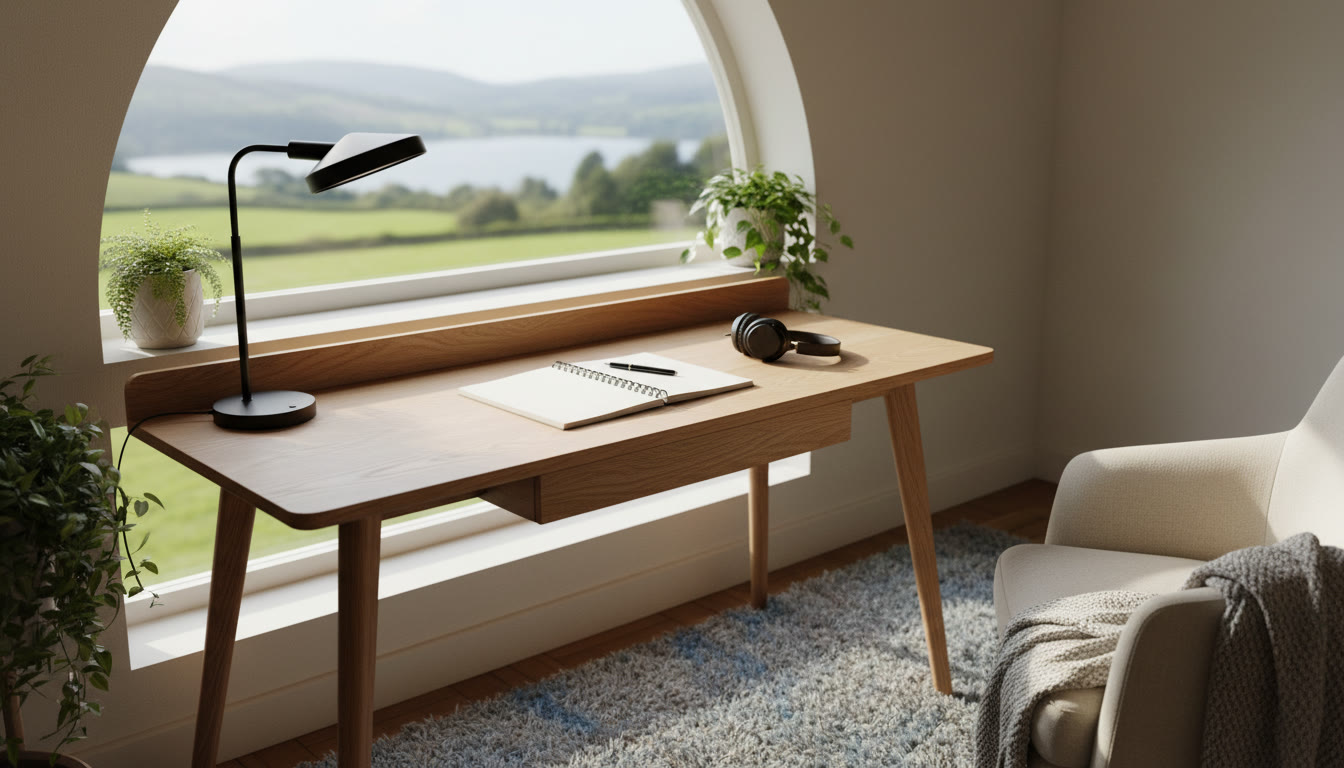 Photo Idea : A calm study nook by a window with a simple desk, lamp, notebook, and noise-cancelling headphones
