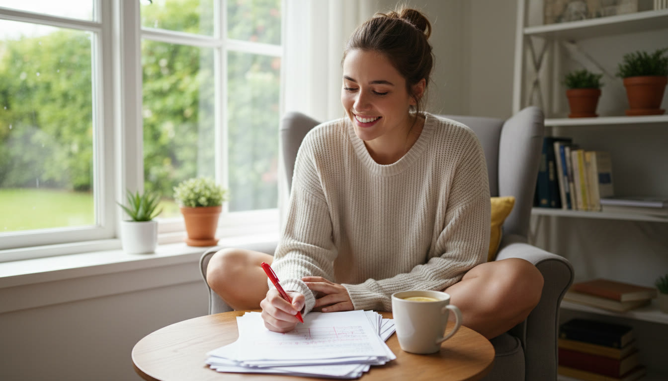 Photo Idea : A student in a quiet study corner mid-revision with a printed timed-paper, red pen and a cup of tea