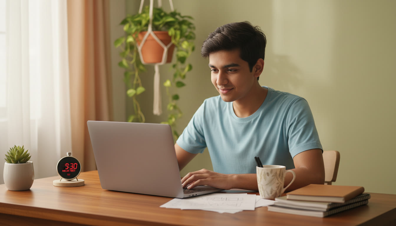 Photo Idea : A focused student at a tidy desk taking a timed mock test on a laptop with a stopwatch and neatly stacked notes nearby