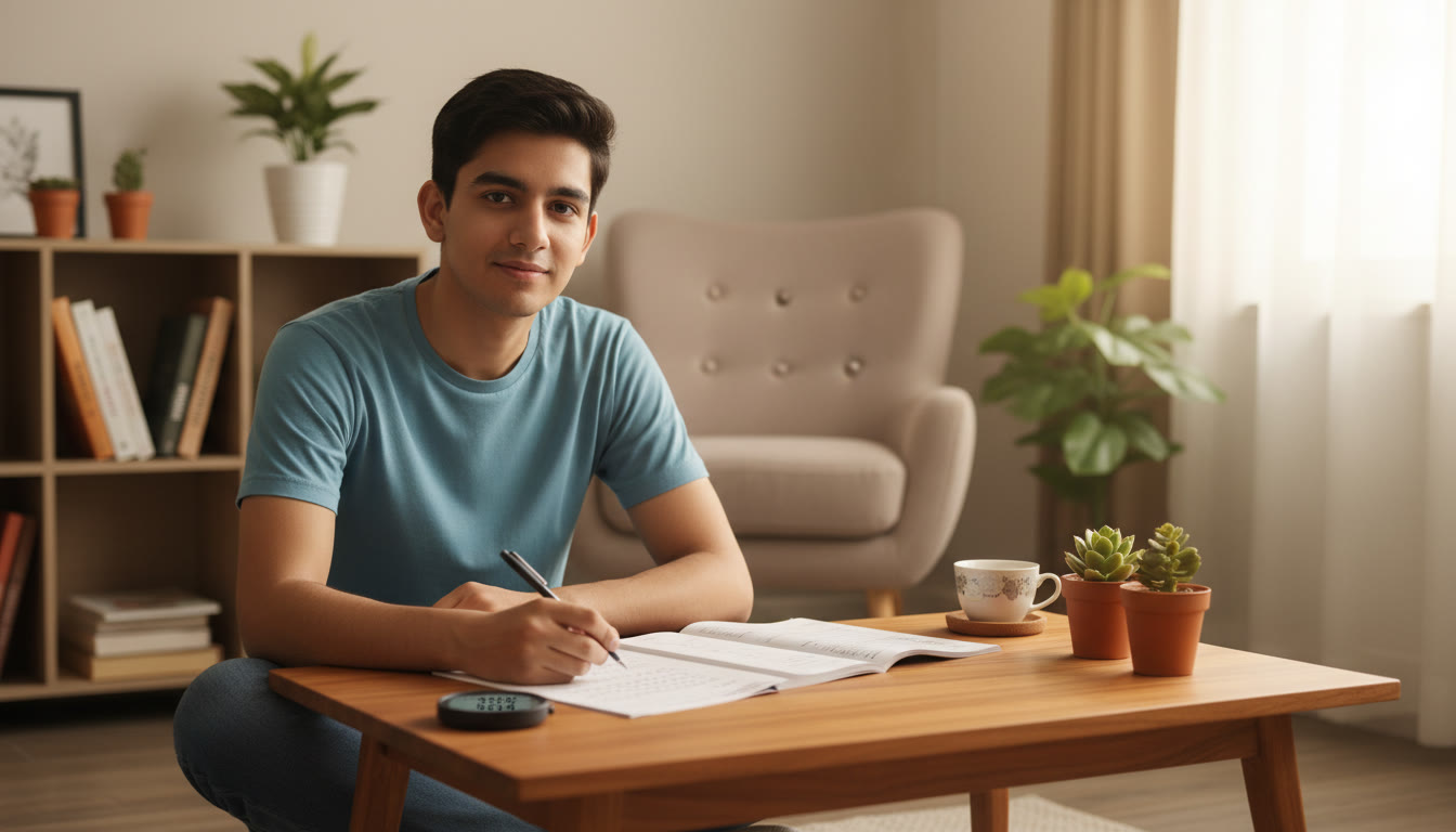 Photo Idea : A student writing timed MCQ practice with a visible stopwatch and OMR sheet template
