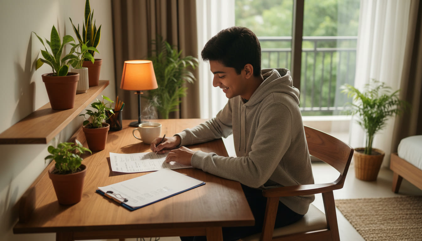 Photo Idea : Student analyzing a mock test paper with a checklist and a cup of tea