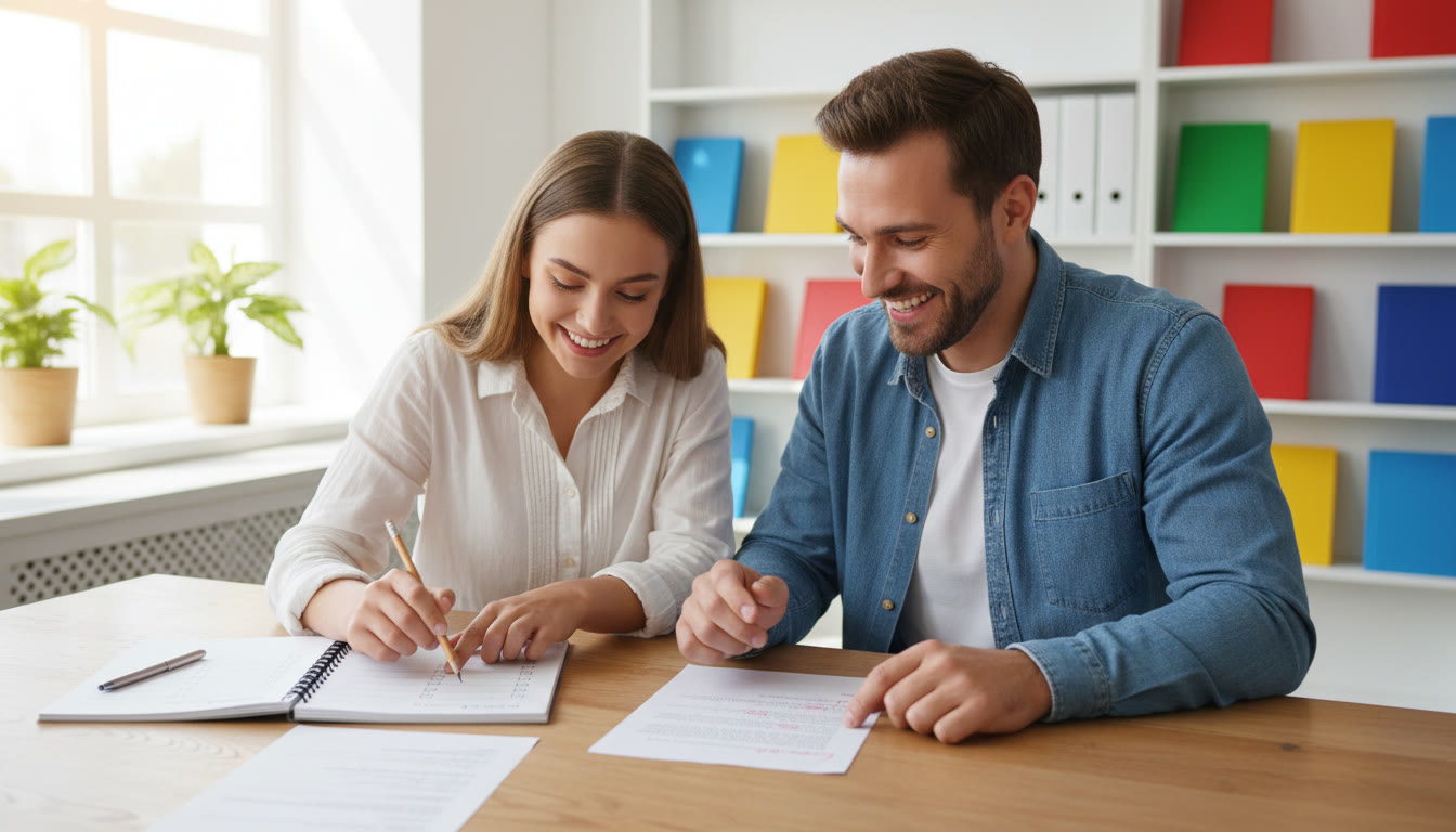 Photo Idea : Student meeting with a teacher over a marked essay, pointing to a notebook with a checklist