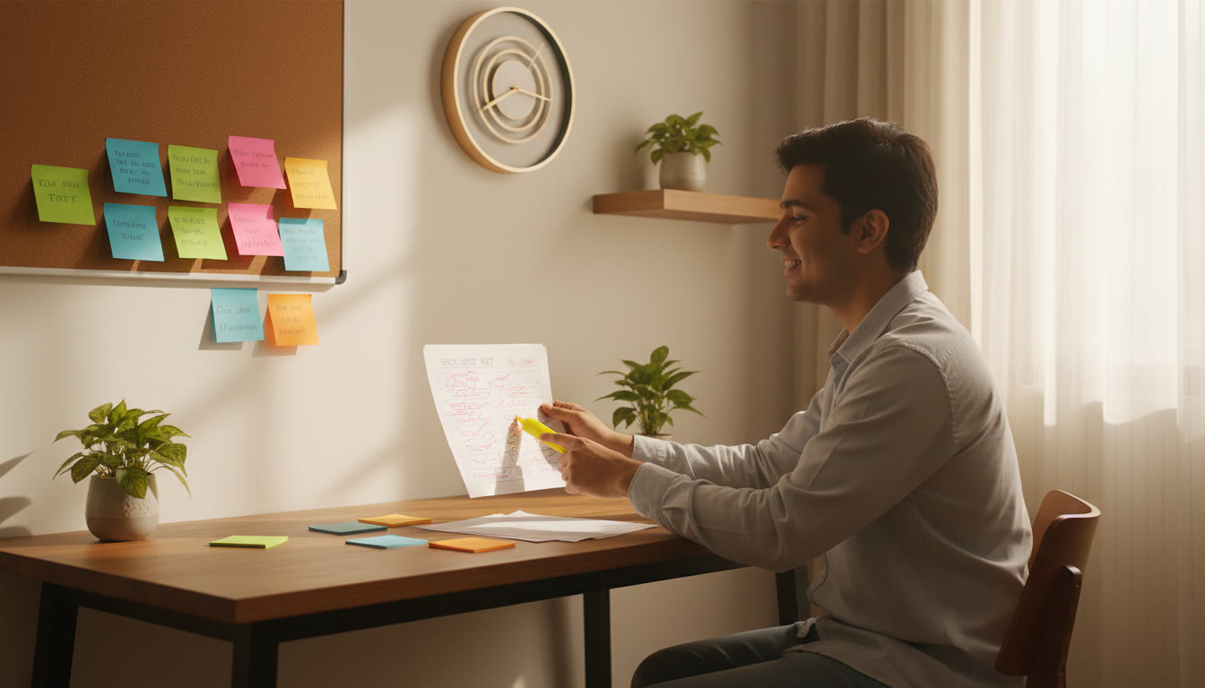Photo Idea : Student at a desk analyzing a marked mock test paper, colorful sticky notes, a highlighter and a clock
