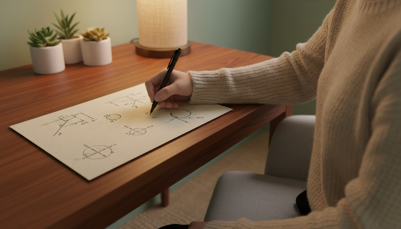 Photo Idea : Close-up of a student sketching physics diagrams and free-body diagrams on graph paper