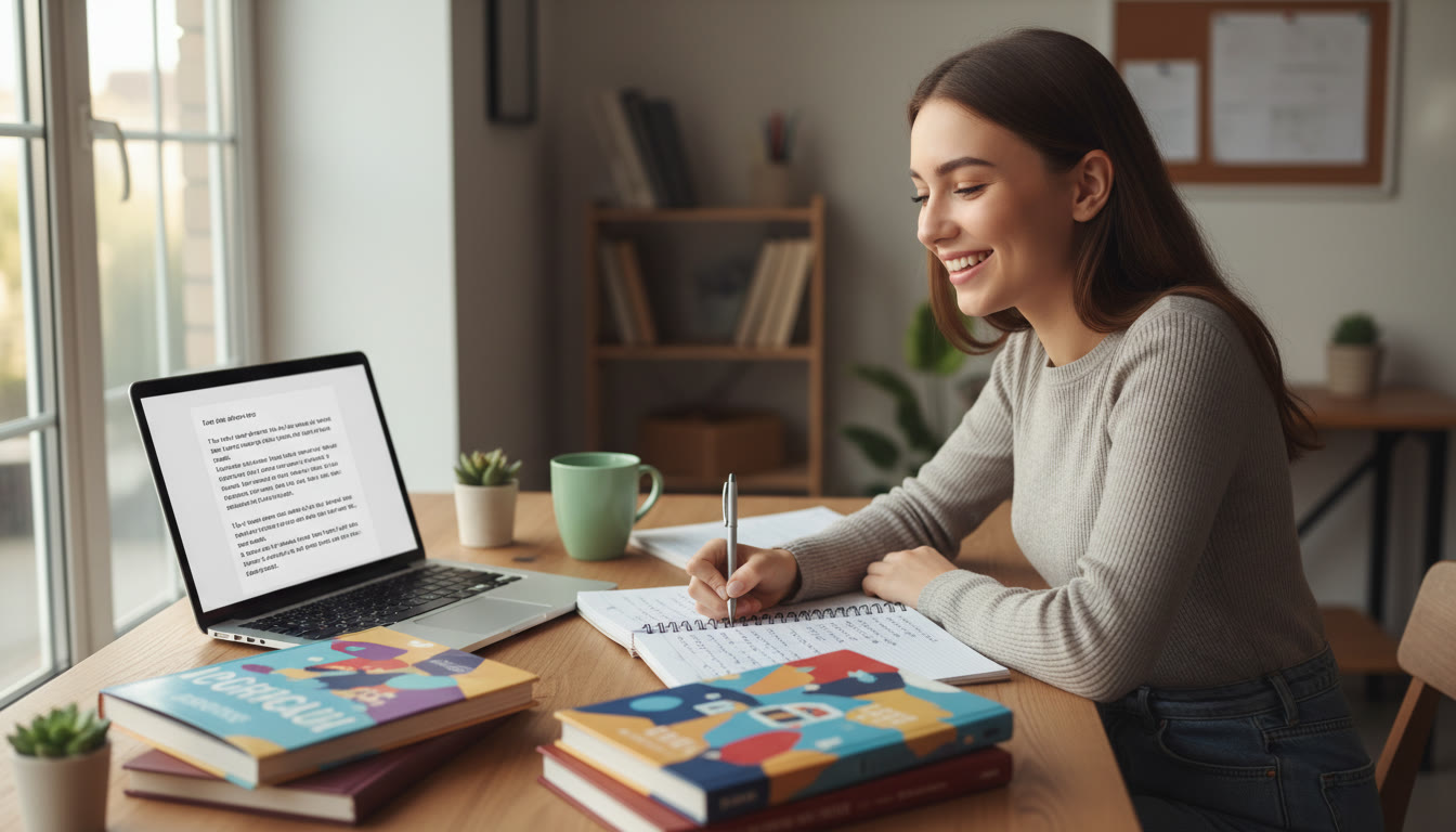 Photo Idea : Student writing in a notebook surrounded by IB textbooks and a laptop displaying an essay draft