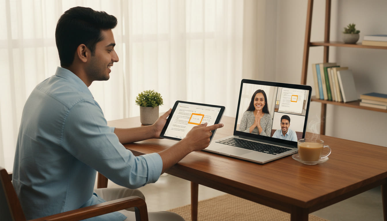 Photo Idea : A one-on-one online tutoring session visible on a laptop, with a tutor pointing at a highlighted problem on a tablet