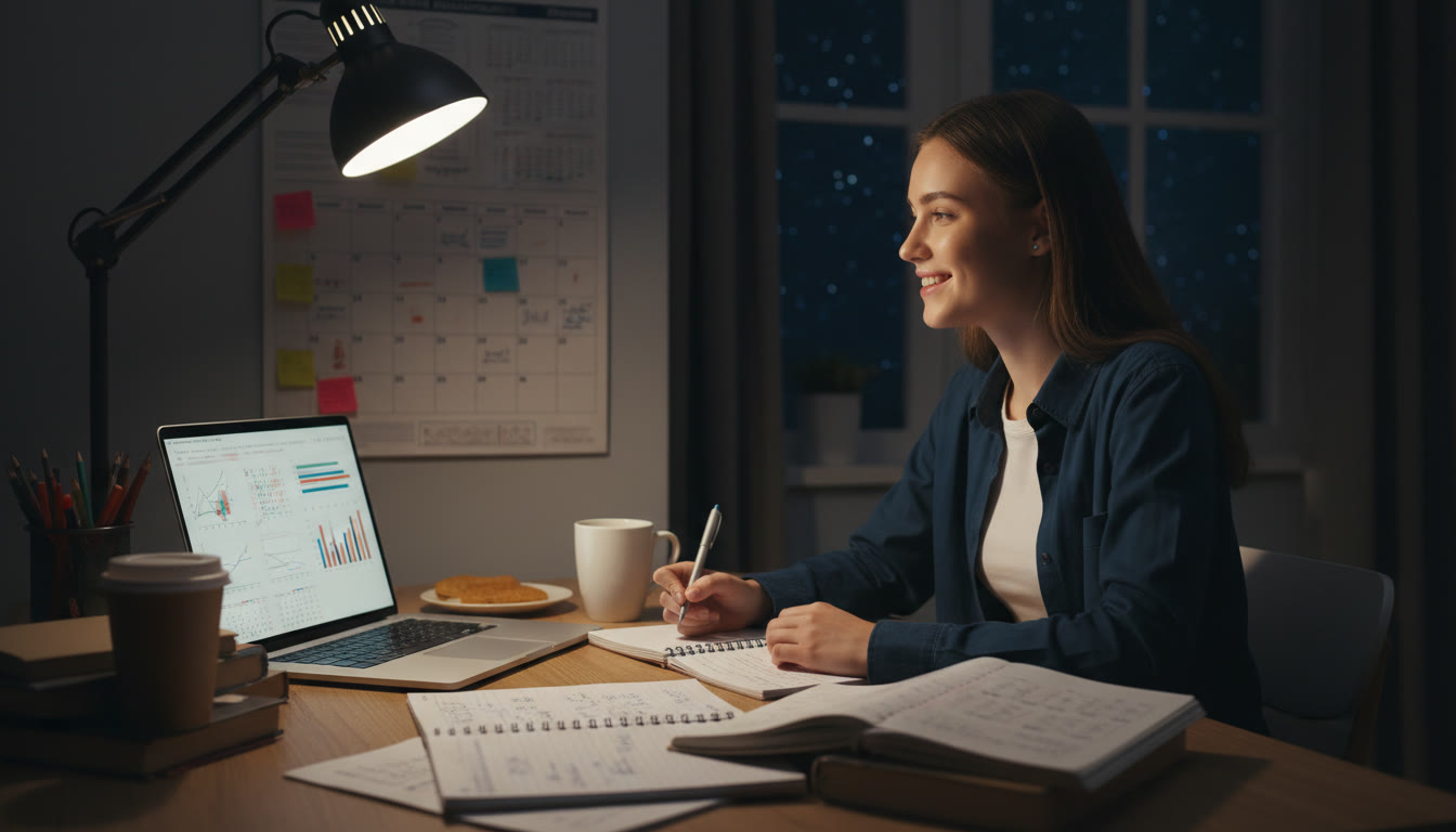 Photo Idea : Student at a desk late at night with notebooks and a laptop, looking thoughtfully at a calendar