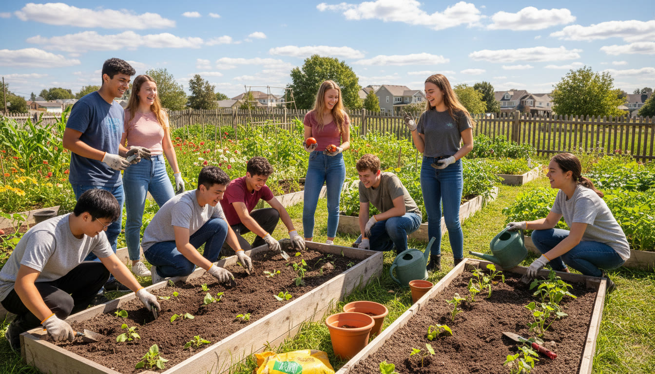 Photo Idea : A diverse group of students planting a community garden, smiling and working together