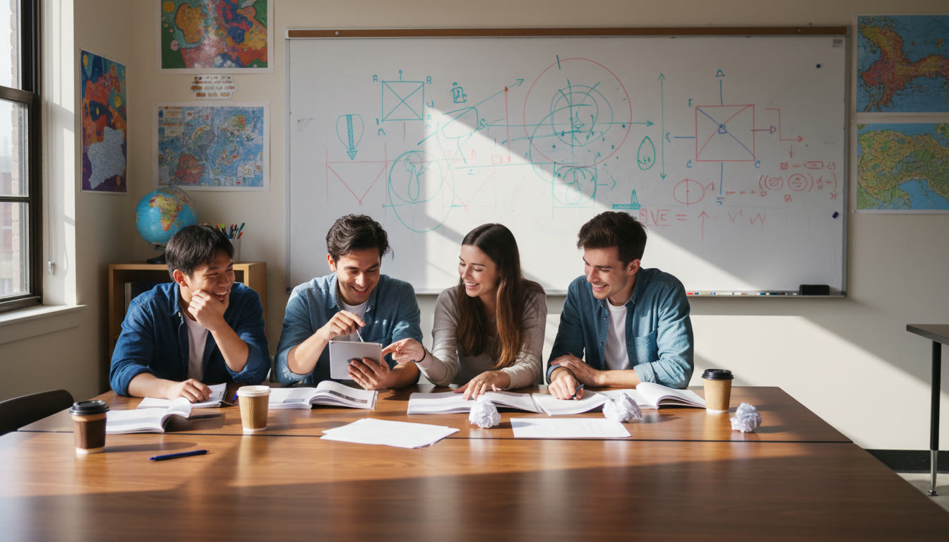 Photo Idea : A small group of students discussing past papers in a classroom with a whiteboard of annotated errors