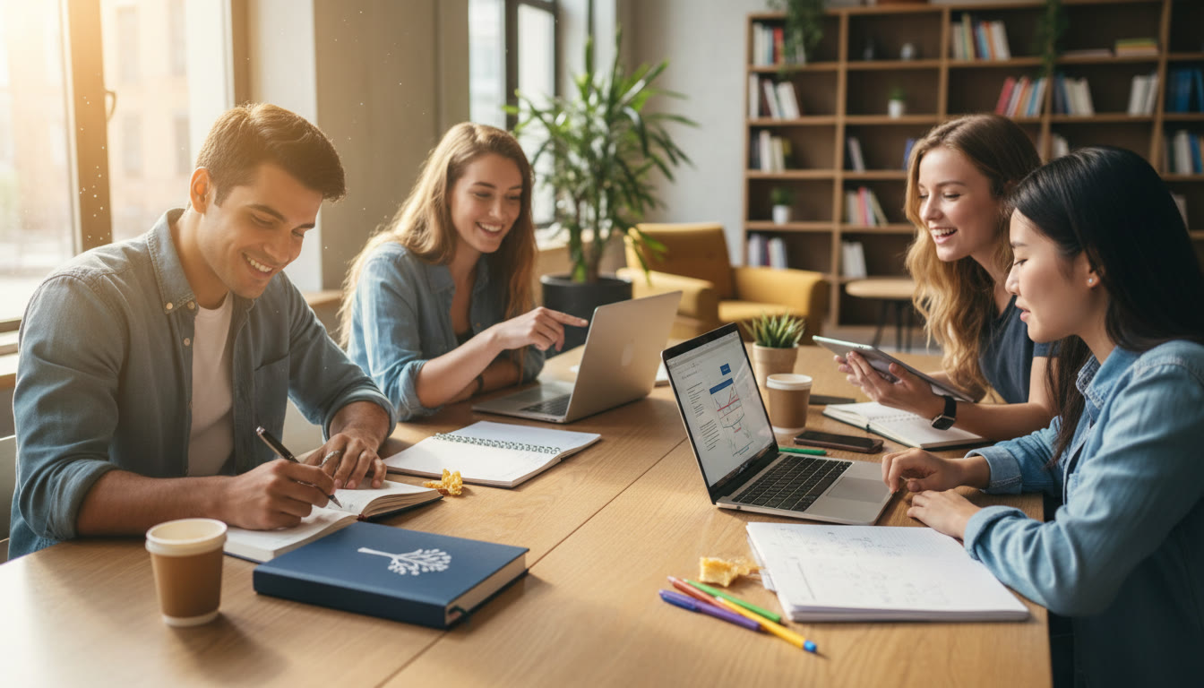 Photo Idea : students collaborating around a table with notebooks and laptops, one student writing in a CAS log