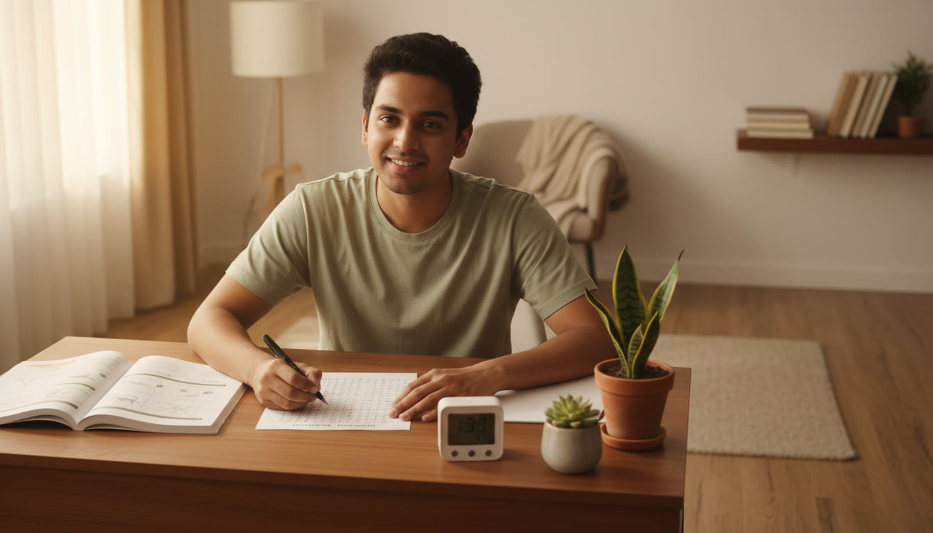 Photo Idea : A student practicing OMR transfer with a mock test and timer on the desk
