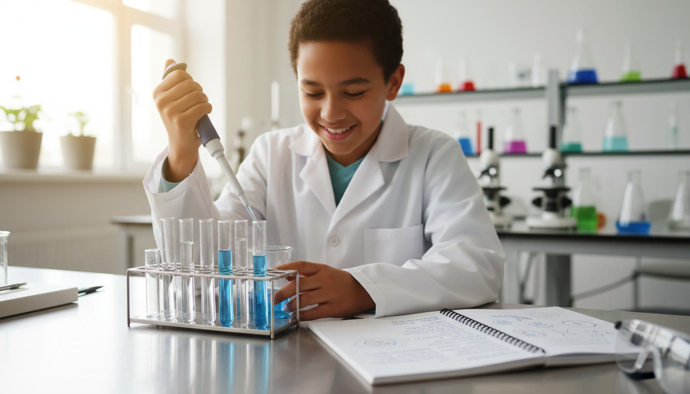 Photo Idea : Close-up of a student pipetting in a bright school biology lab, notebook open with handwritten observations