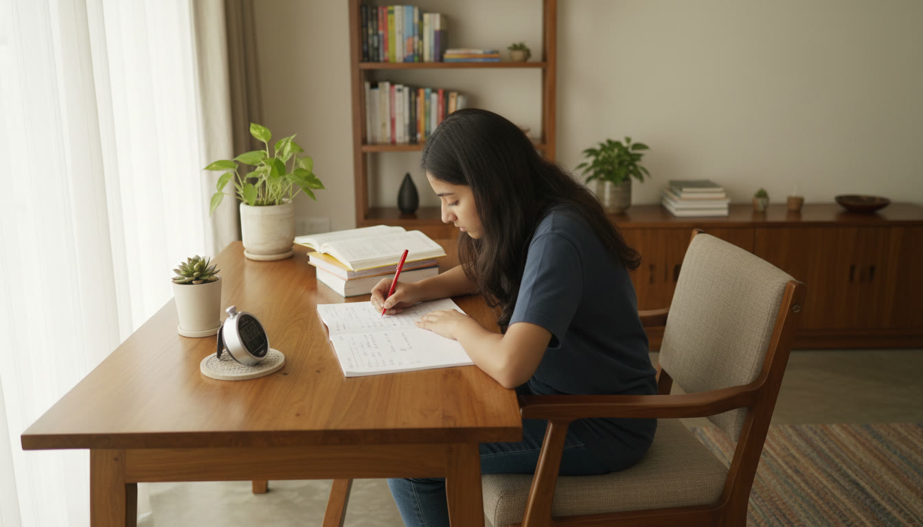 Photo Idea : A student writing a timed mock test with a stopwatch, answer sheet, and a red pen for corrections