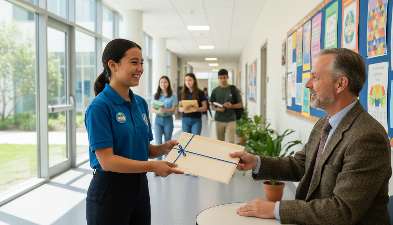 Photo Idea : A smiling IB student handing a neat application folder to a teacher in a bright school corridor