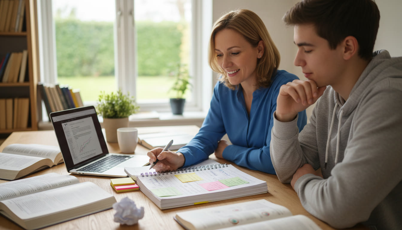 Photo Idea : A tutor and student reviewing a printed IA draft together with notes and a laptop