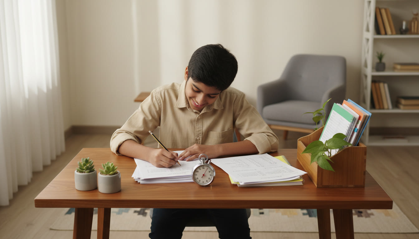 Photo Idea : Student seated at a study desk taking a timed paper-based mock test with a stopwatch and organized notes