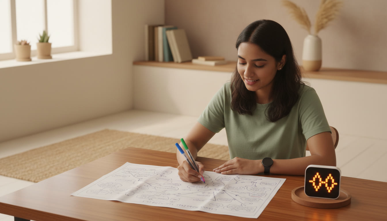 Photo Idea : A student annotating a chapter summary sheet with colored pens while a timer runs in the background
