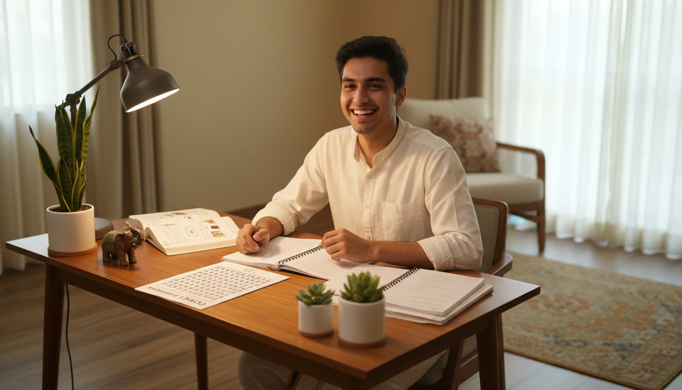 Photo Idea : A student at a study desk with open textbooks, a notebook, and a mock OMR sheet laid out
