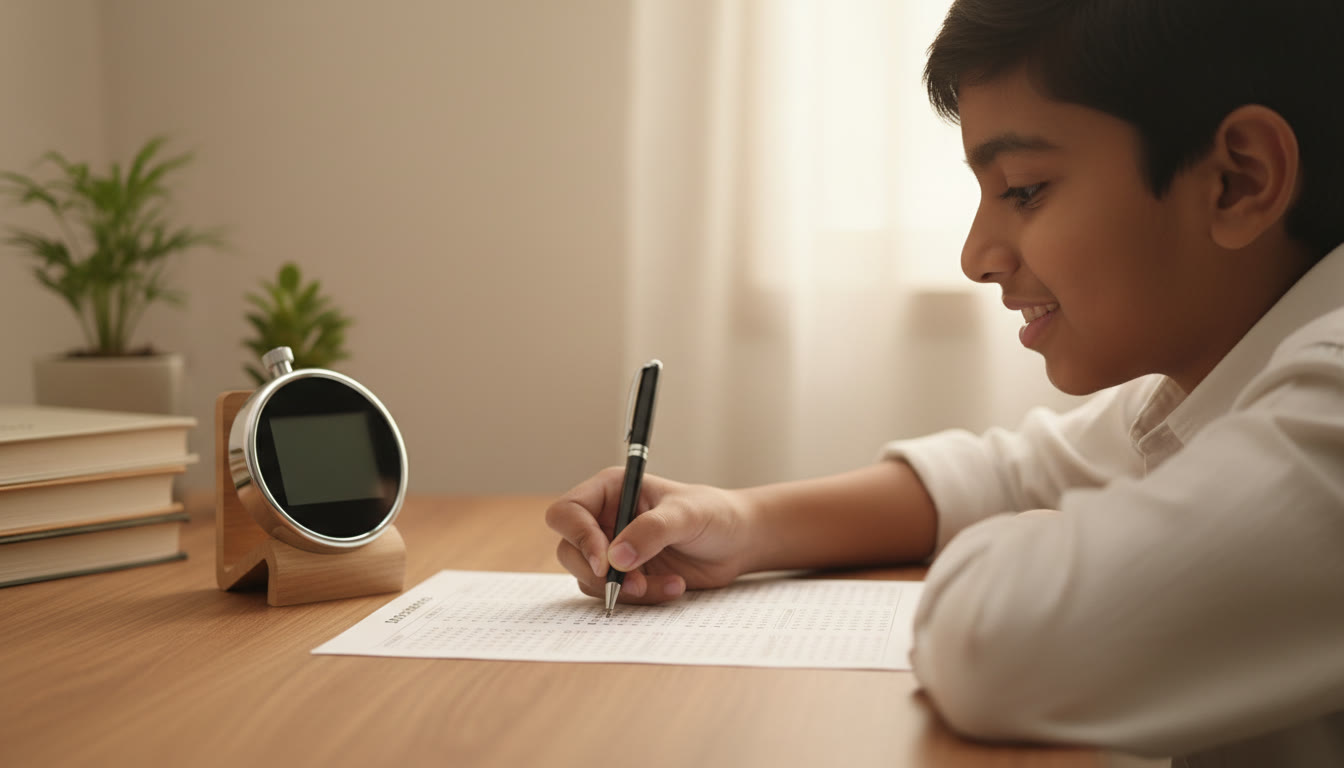 Photo Idea : Close-up of a student filling an OMR answer sheet with a stopwatch nearby